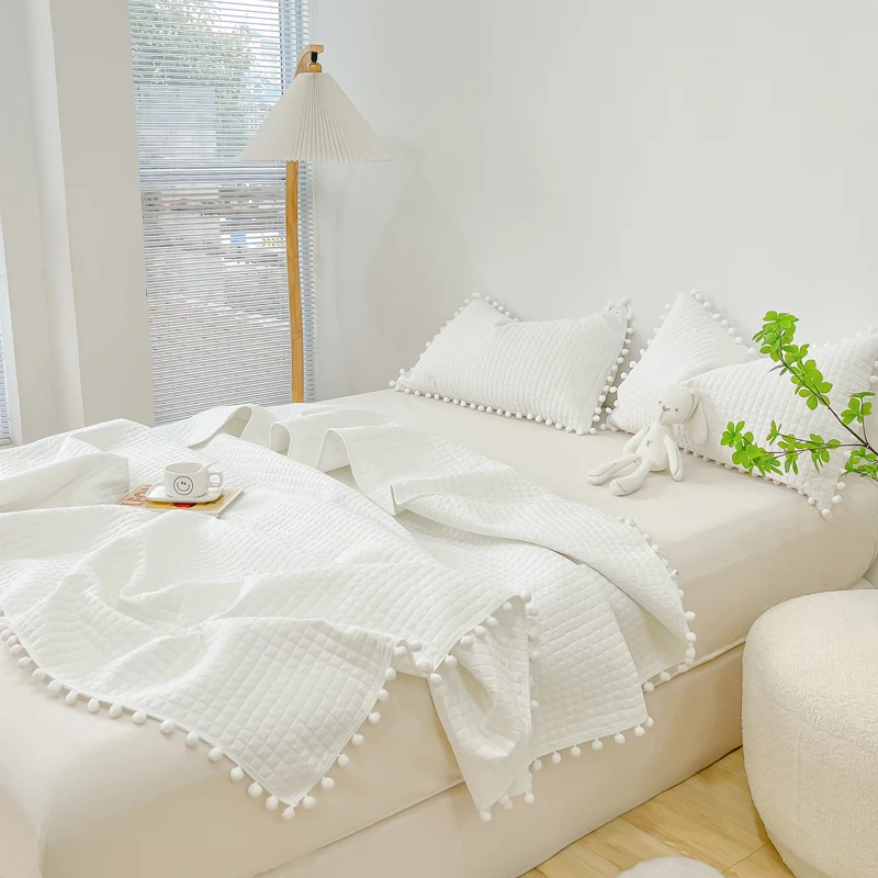 INS Style White Ball Edge Quilted Quilt Blanket Bedspread Washed Solid Color Korean Princess Style Summer Thin Quilt 1/3Pc summer quilt