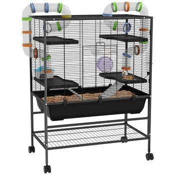 PawHut Large Hamster Cage, Gerbil Cage with Wheels, Tubes, Storage Shelf, Ramps, Food Dish, Water Bottle - Black