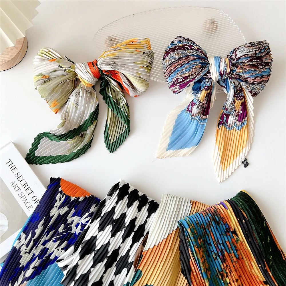 70 Pleated Small Square Scarf Professional Office Ladies Shawl Handmade Scarf Floral Print Silk Neckerchief Elegent Bandana 2