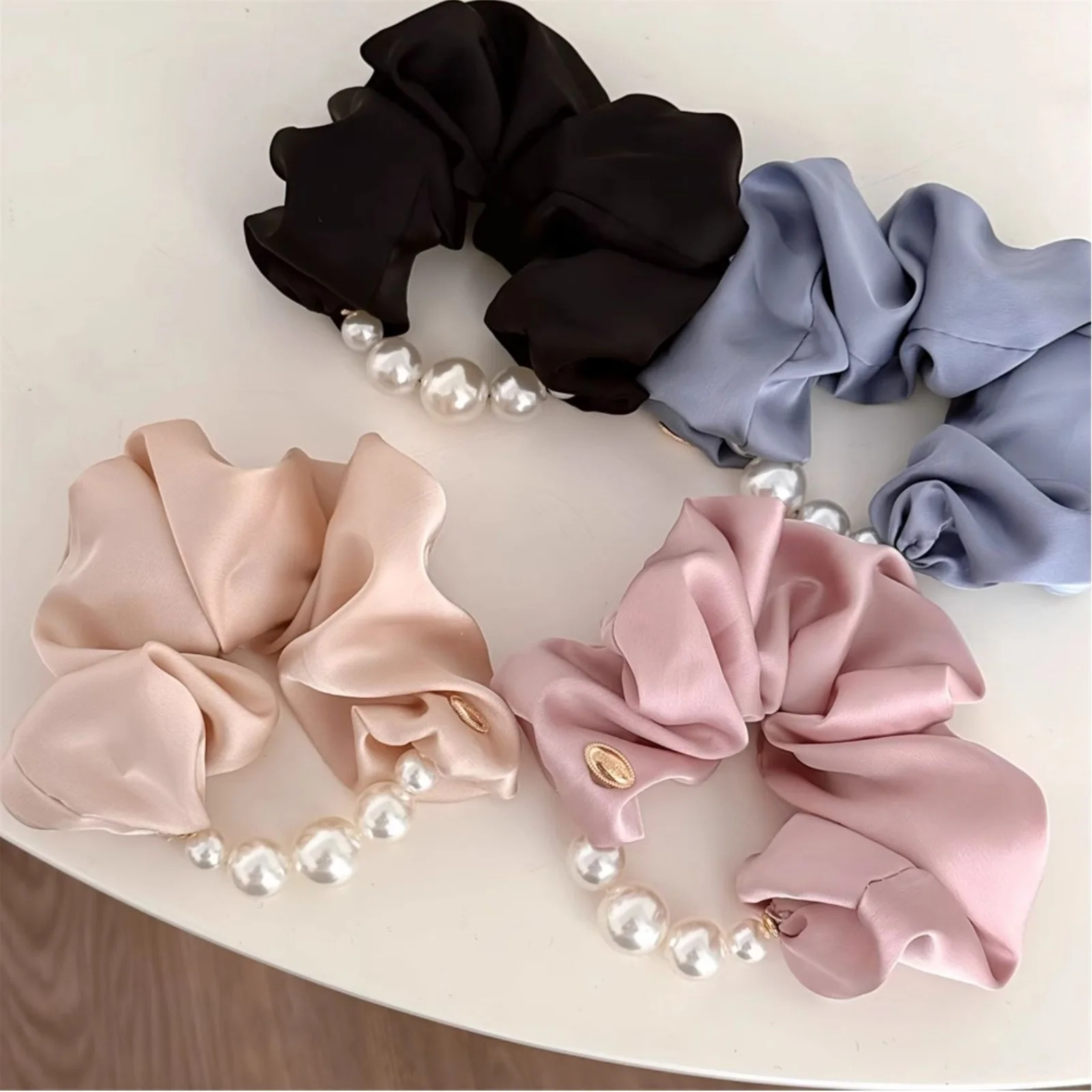 1PC Blue Satin Scrunchie with Pearl Decor, Elegant Hair Accessory for Women, Chic Hair Tie for Daily and Party Wear