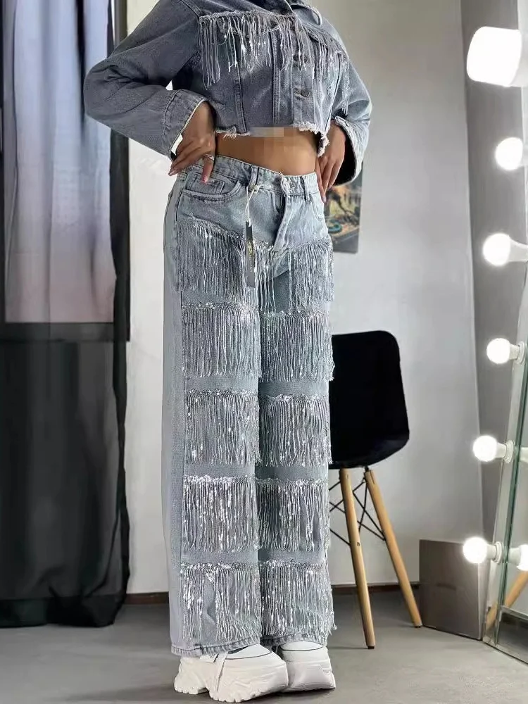 Wmstar Jeans Women High Waist Denim Boyfriend Sequined Tassel Cargo Korean Ripped Streetwear Pants Wholesale Dropshipping 2025