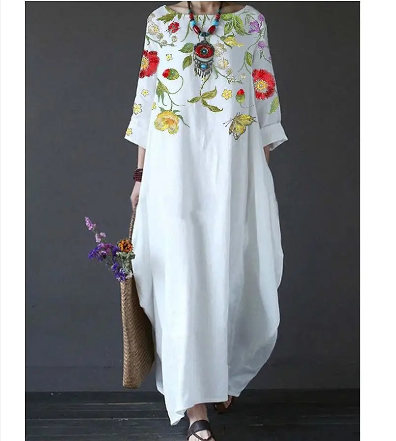 

Mazon Europe And America Summer New Long Dress Commuter Retro Round Neck Printed Ethnic Women's Dress Vestidos Femininos Elegan