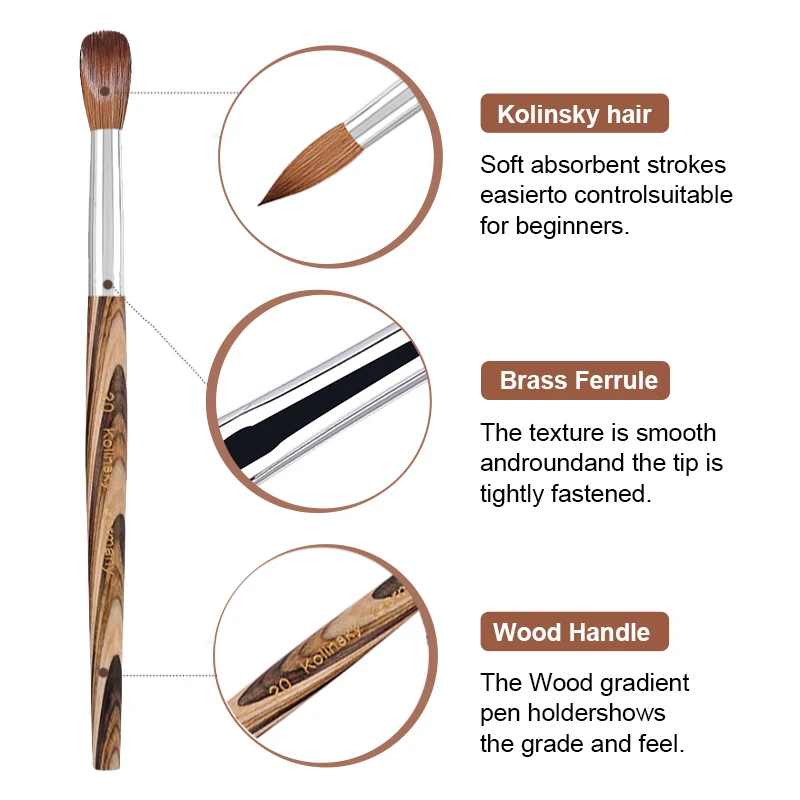Prue Kolinsky Acrylic Nail Brush Oval Round Head Spliced Wood Handle Professional Salon Quality for Acrylic Powder Size 8-20# 3