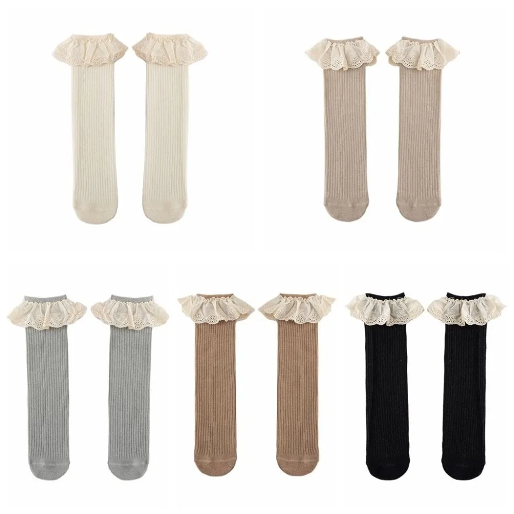 5Pairs Ruffled Edge Baby Calf Socks Baby Lace Trim Long Tube Infant Cotton Stockings Toddle Cotton Cartoon Above Knee Socks