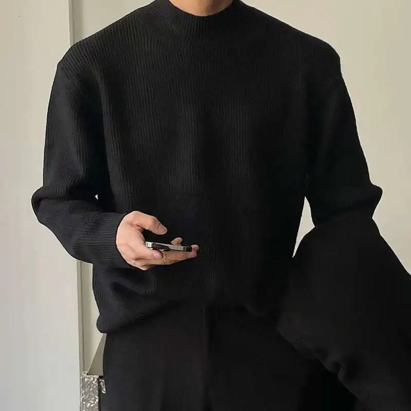 Autumn Winter Fashion Half High Collar Long Sleeve Solid Pullovers Men's Clothing Korean Bottoming Shirt All-match Knitting Tops 4