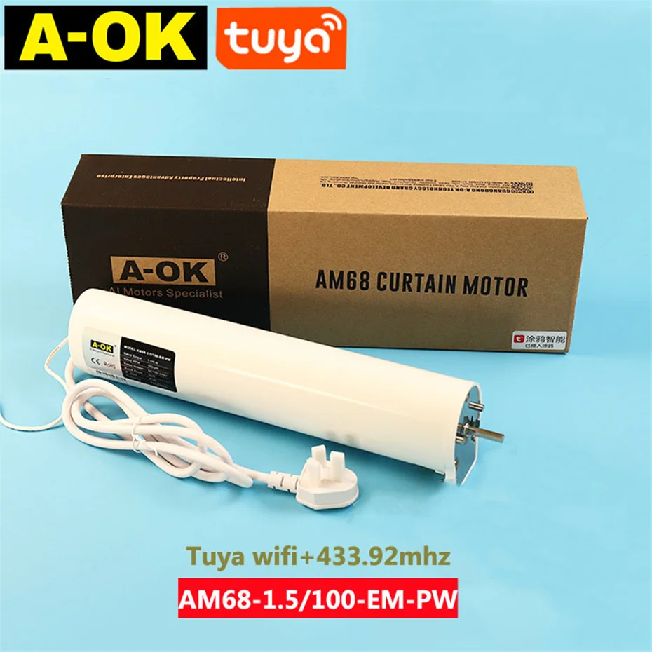A-OK AM68ไร้สายมอเตอร์ม่านเงียบ Tuya การควบคุม RF433 /tuya APP/485/การควบคุมการติดต่อแห้ง100-240V การควบคุมด้วยเสียง alexa/google 1