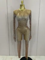 Luxury Sparkly Rhinestones Sexy Mesh See Through Bodycon Jumpsuit Women Birthday Gown Women Bar Nightclub Dancer Stage Outfit