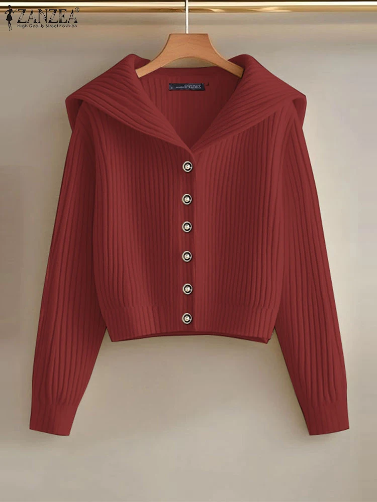 ZANZEA Vintage Sailor Collar Women Cardigans 2025 Spring Autumn Elegant Casual Chic Button Up Sweaters Korean Style Short Tops 3