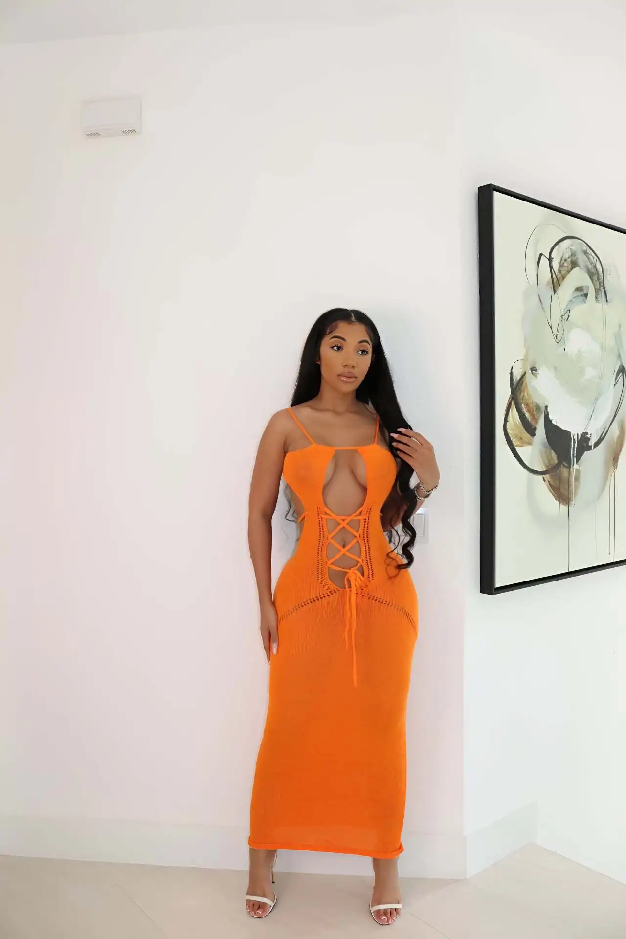 

Sexy Lace Up Knitted Backless Long Dress for Women Summer Elegant Spaghetti Strap Bodycon Night Club Party Dresses Robe Femme