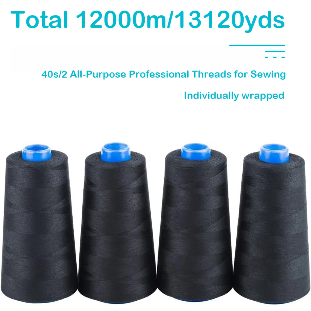 Premium Black Polyester Sewing Thread - 4 Spools, 12,000 Meters Total