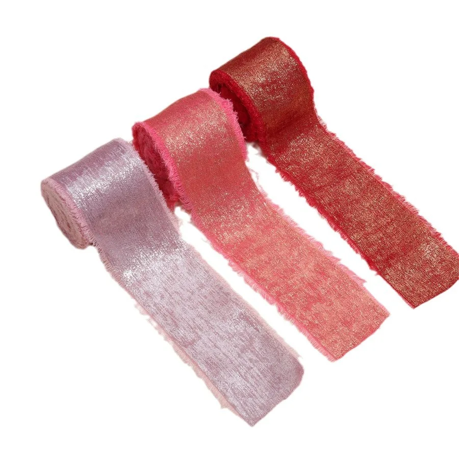 Luxurious Frayed Edged Satin Ribbon with Bronzing - 5 Yards for Elegant Crafts & Special Occasions
