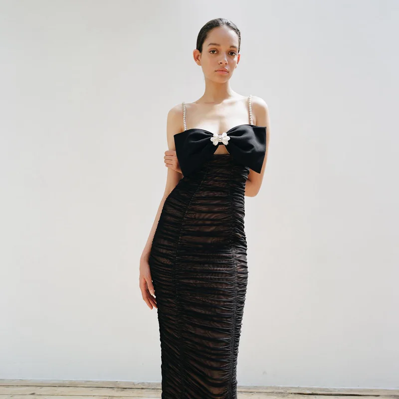 

Trendy Black Spaghetti Strap Bow Mermaid Dresses Mid-Calf Length Pleated Illusion Summer Dress Diamond Evening Party Gowns Women