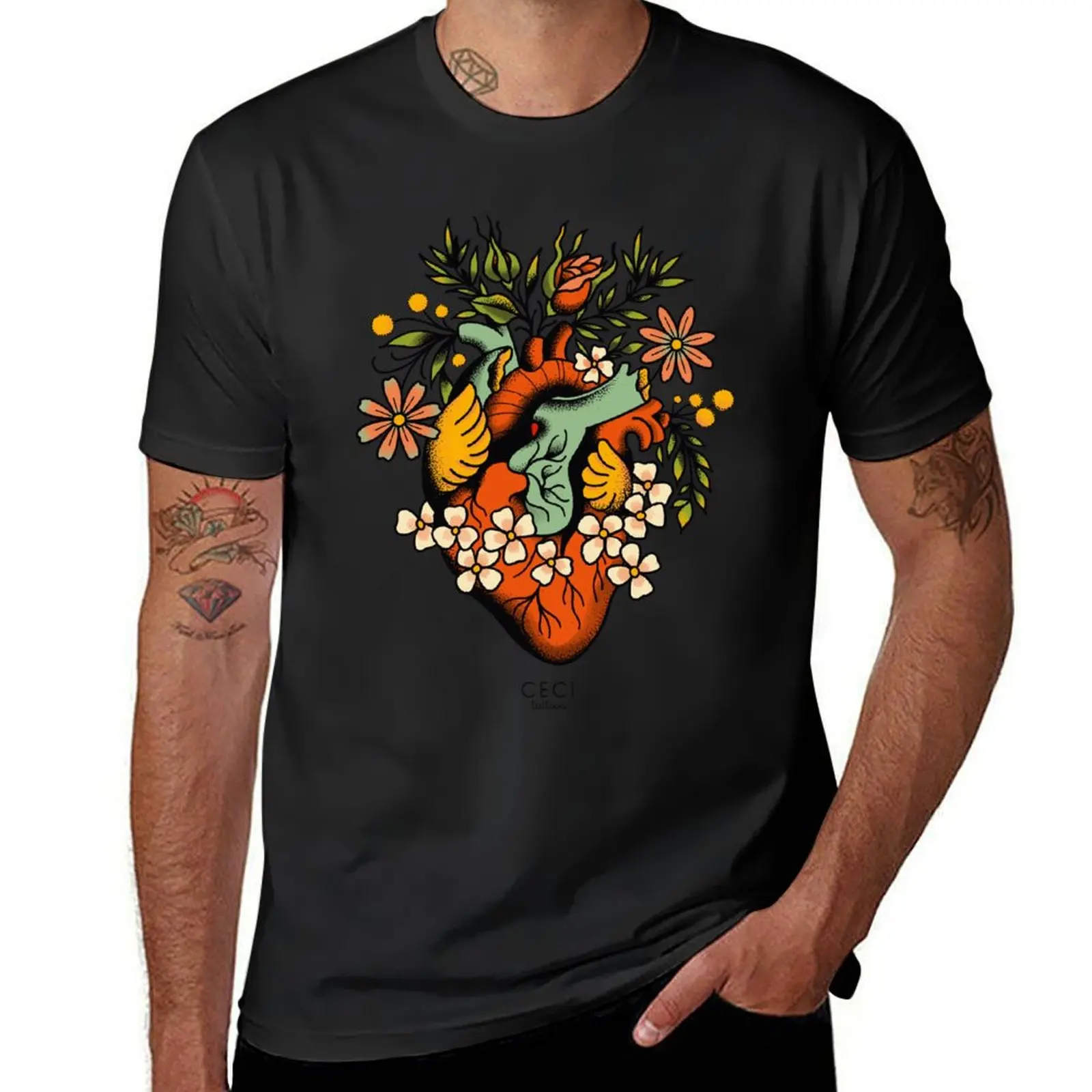 

Anatomical Heart with flowers, tattoo flash T-Shirt plain customs design your own summer top fitted t shirts for men