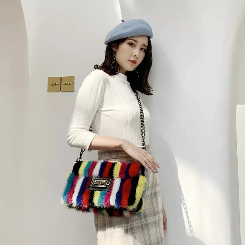 Women's Temperament Fashion Fur Shoulder Bag Colorful Striped Mink Fur Shoulder Bag Real Cowhide Chain Embellished Crossbody Bag
