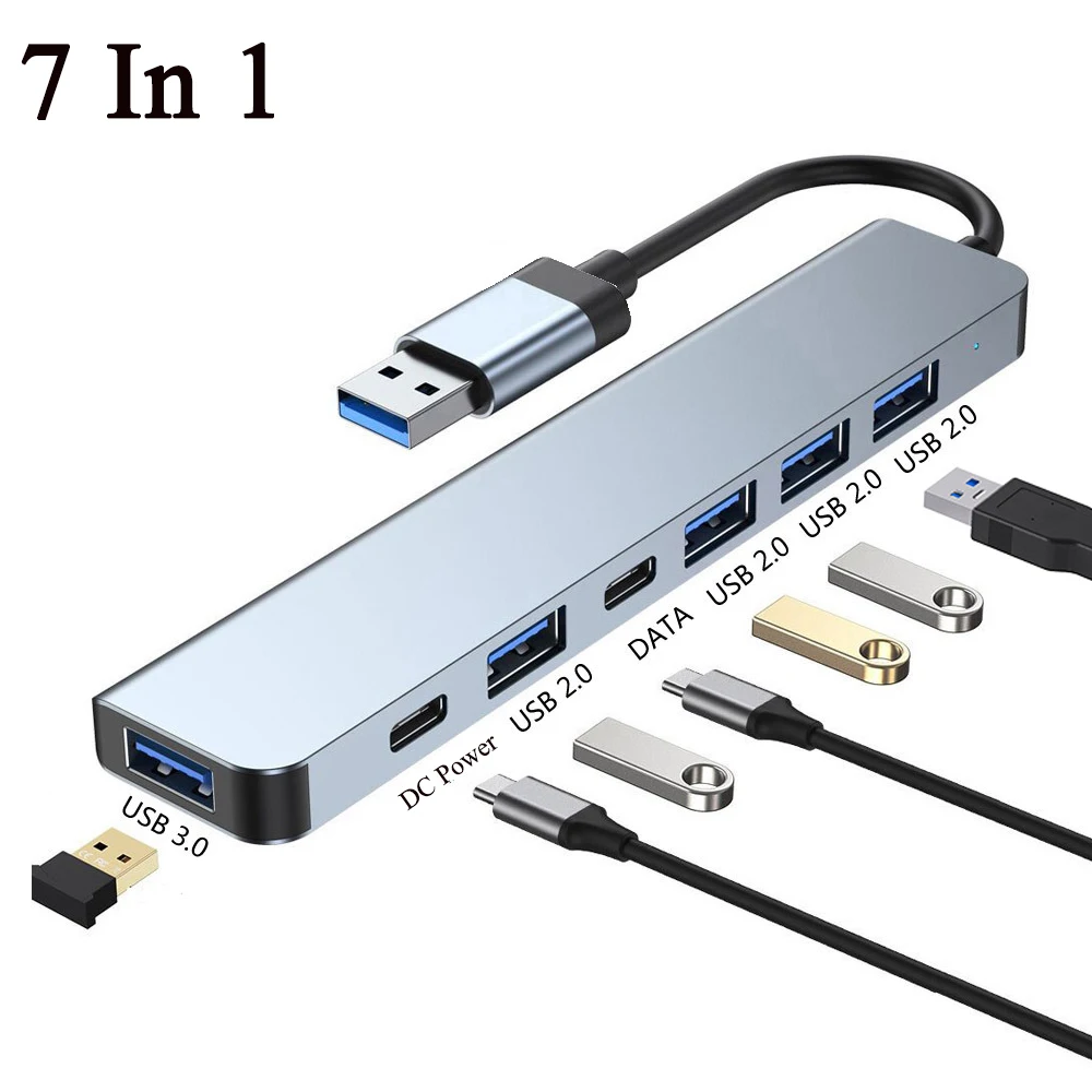 موزع USB 3.0 نوع C مع قارئ بطاقات TF وSD ومخرج صوت متعدد المنافذ لأجهزة ماك بوك برو ونقل البيانات السريع