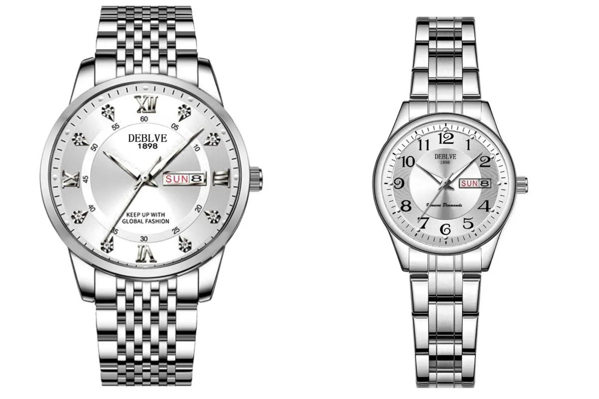 Couple's steel strap dual calendar luminous quartz watch, men's and women's fashion watch, non mechanical quartz watch