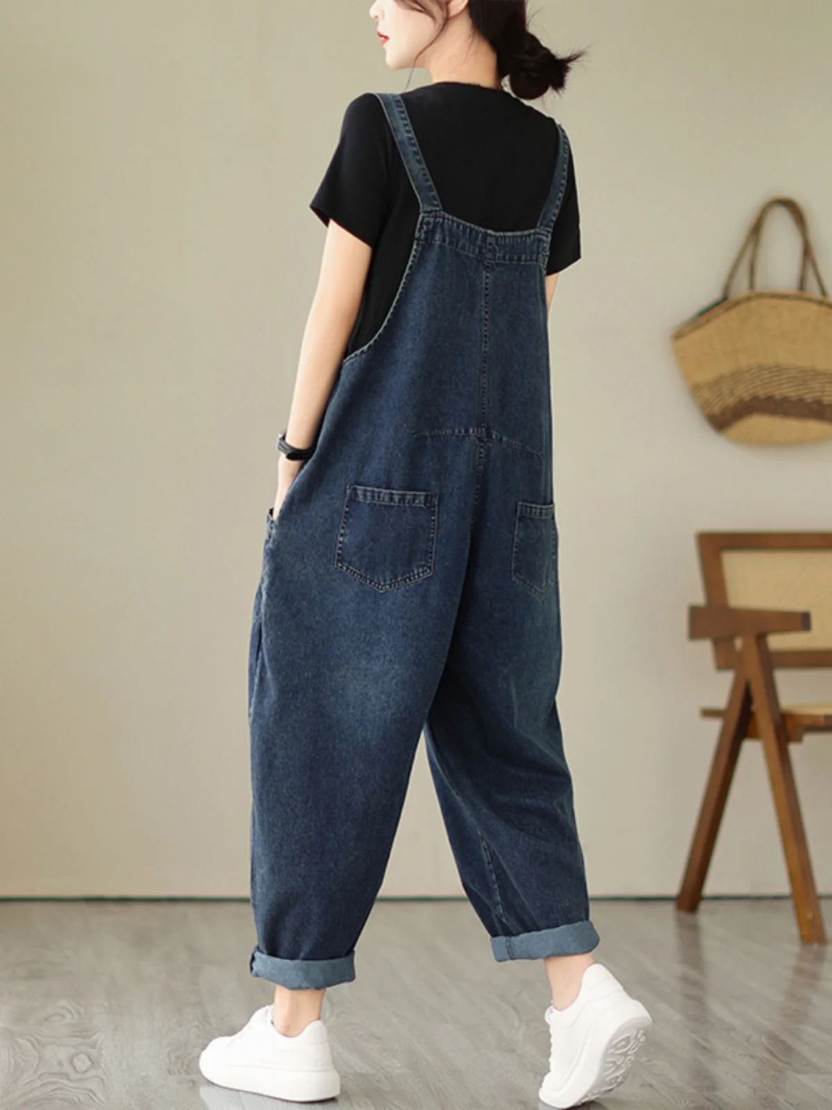 Fall Women's Loose Jeans Overalls Deep Blue High Waist Design Sensation plus Size Faion plus Size Women's Loose Slimming