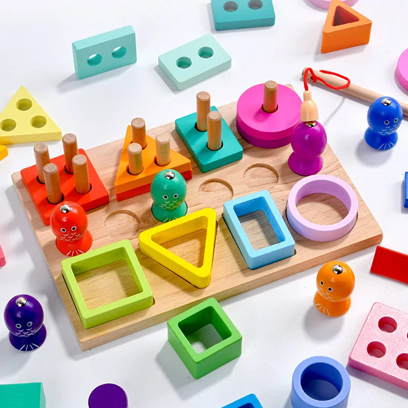 

Kids Stereoscopic Fishing Pole Set Building Blocks Montessori Shape Recognition Matching Early Education Wooden Toys