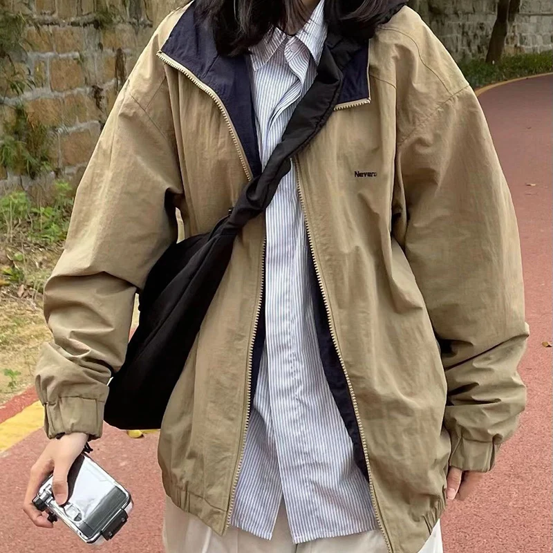 

Harajuku Vintage Bomber Jackets Women Korean Oversized Baseball Coats Zippers Loose Pocket Casual Solid Lapel Preppy Streetwear