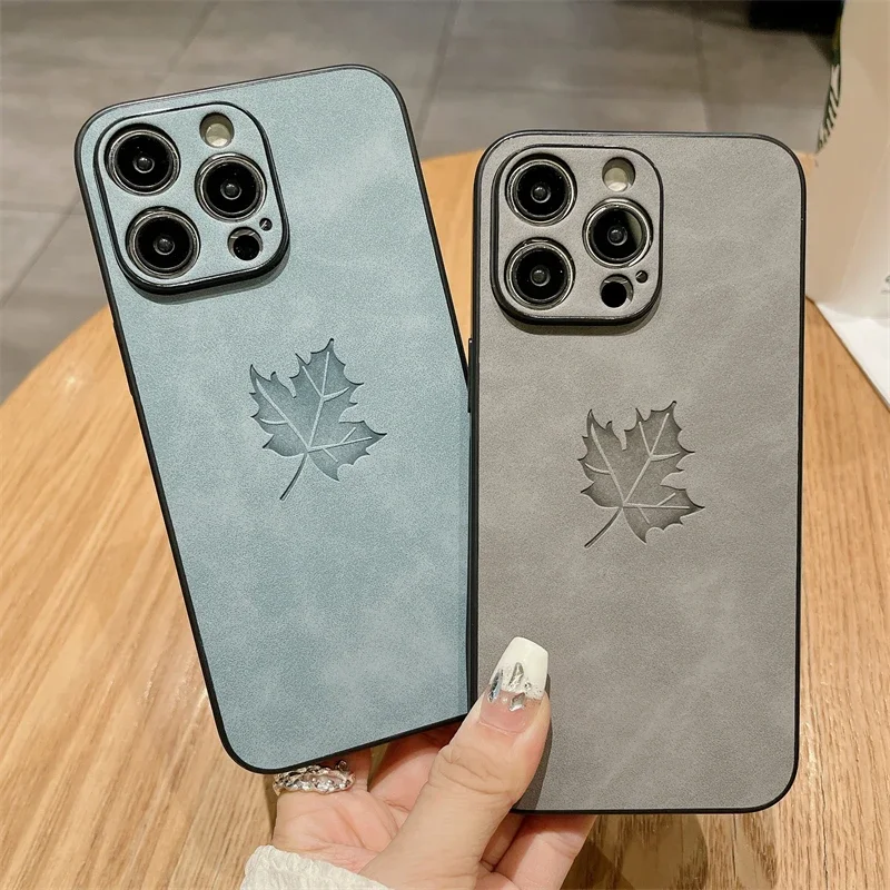 Elegant Maple Leaf Leather Pattern Phone Case with Lens Protection and Matte Finish