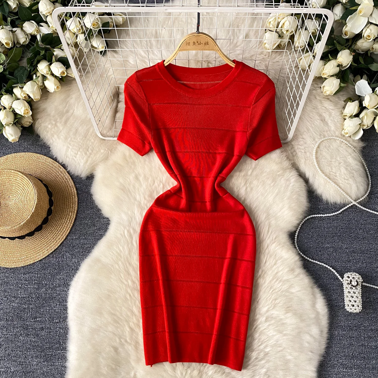 

Sexy Chic slim knit O-Neck Bodycone short sleeve Dress vintage Elegant Korean Fashion Party Basic sweet Summer dresses