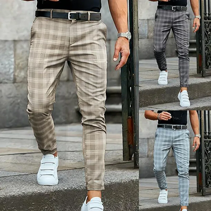 

Mens New Vintage Thin Style Straight Long Pants Streetwear Jogging Pencil Plaid Pants Men Business Casual Trousers Pantalon Homm
