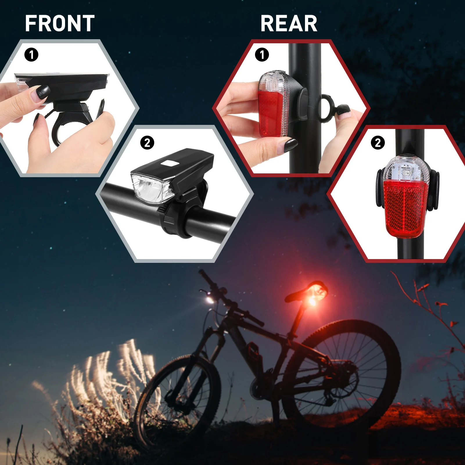 Road Bike Bell Night Rider USB Rechargeable LED Front Flashing Bike Flashlight Safty Waterproof with Free Tail Lights Cycling for Mountain Bike Baulody Bike Light Rear Bicycle Warning Lamp Black 