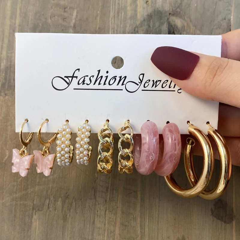 Trendy Colorful Earrings Set For Women Girls Green Resin Pearl Gold Color Metal Circle Dangle Earrings 2022 New Fashion