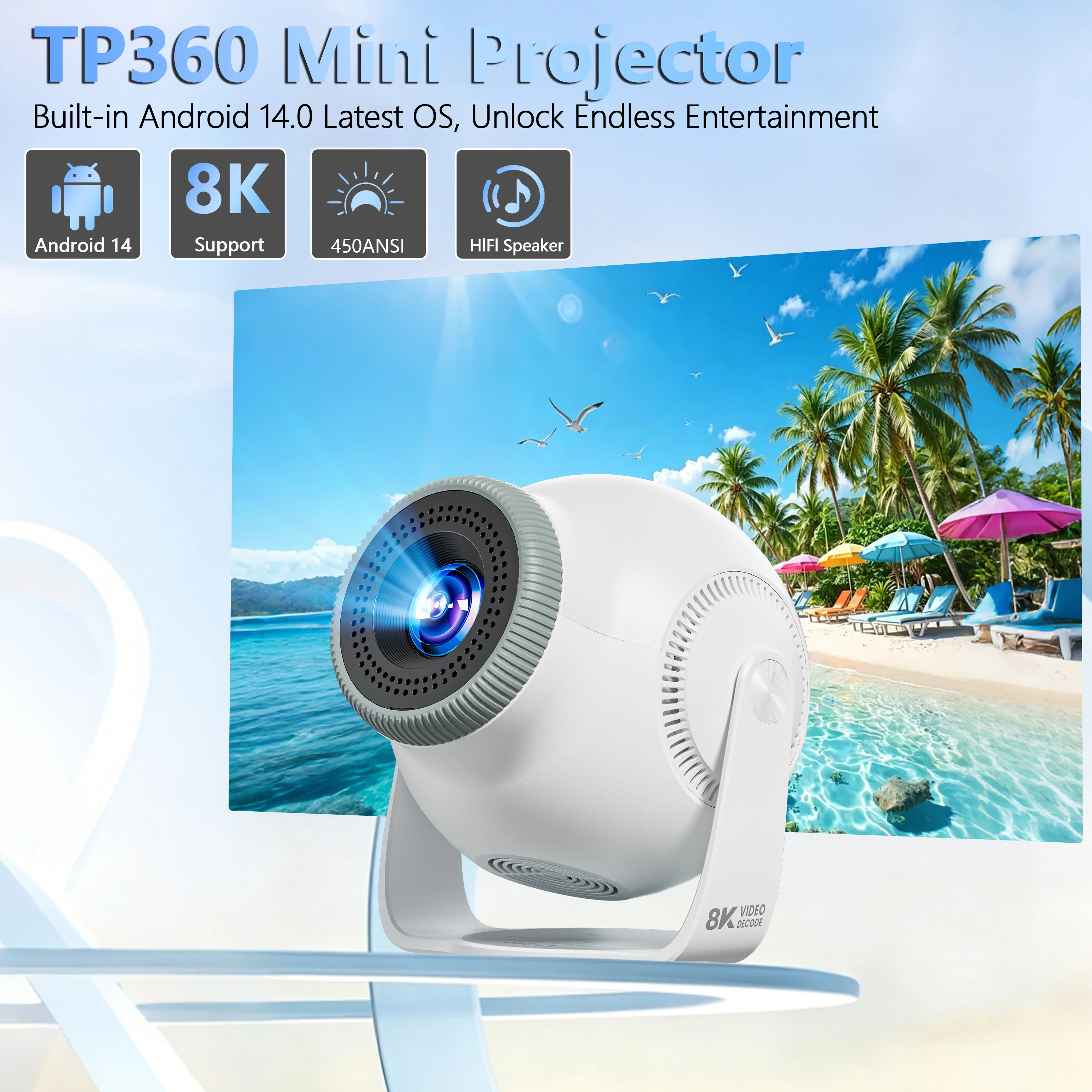 벨렉 8K 네이티브 프로젝터 올위너 H726, 450 ANSI 휴대용 TP360 안드로이드 14, Wifi6 BT5.4 탑재, 영화 홈시어터
