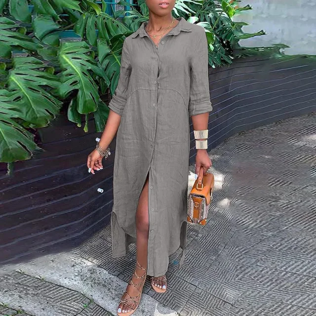 Women's 1XL-5XL plus size Dress  summer wearing the Shirt Collar Cotton Line Button Long Skirt  dress for women