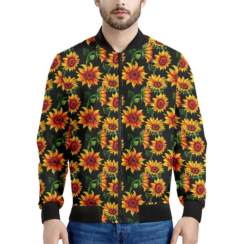 thumbnail image 1 of Chaqueta con estampado de girasol en blanco y negro para hombre, sudaderas con estampado floral en 3D, chaquetas de calle de manga larga con cremallera de gran tamaño, abrigos, 1 of 5