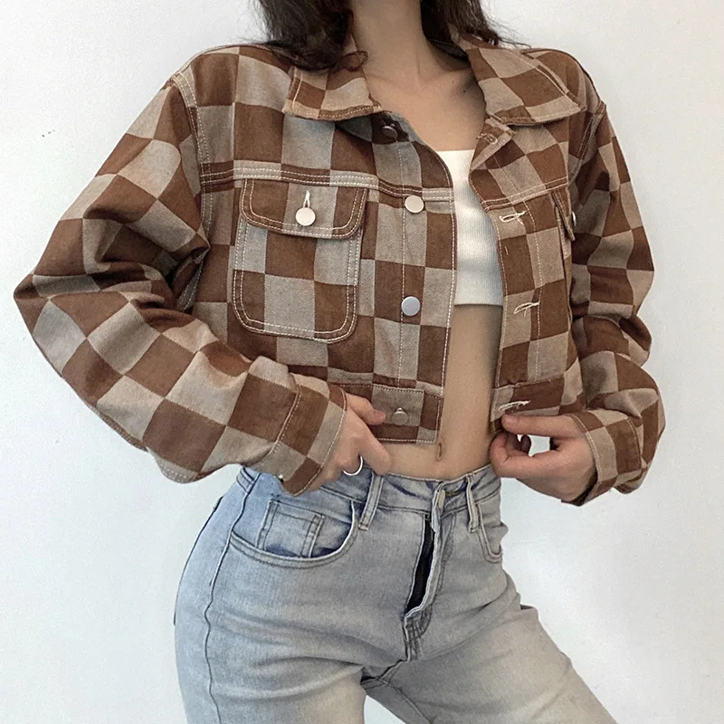Brown Plaid Lapel Single-breasted Washed Short Denim Jacket Women's Fall 2023 Fashion New Top Loose Jacket Streetwear colorblock