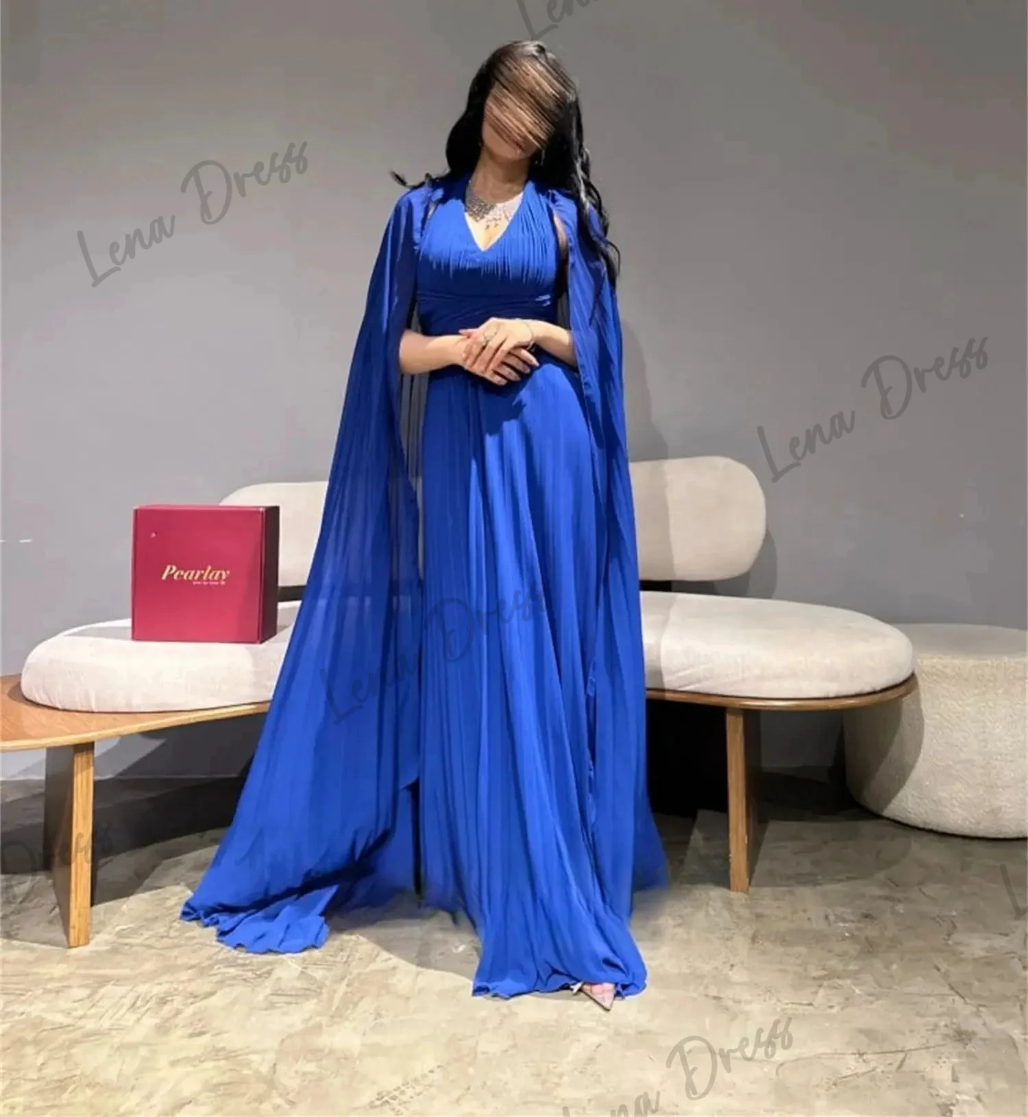 

Lena-Blue chiffon shawl evening gown V-neck for Eid al Fitr wedding party gown cocktail party dress ready to wear 2024 luxury