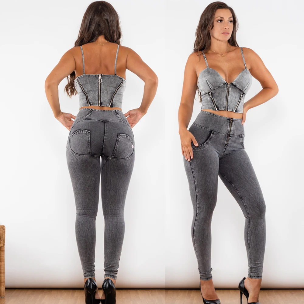 Shascullfites Melody Denim Grey Shapers Butt Lift Push Up Jeans Two Piece Sets Womens Outifits Sexy Party Club Wear женщины one piece push up бикини бандаж монокини купальник купальники купальник купальник купальный костюм