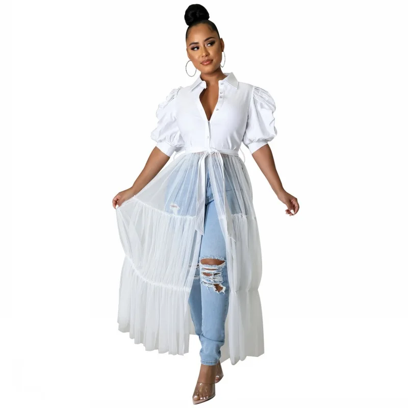 

2023 Hot Sale Mesh Fashion Women Long Shirt High Quality Lady Clothes Vintage Chic Sexy Maxi Dress Women Shirts Blouses