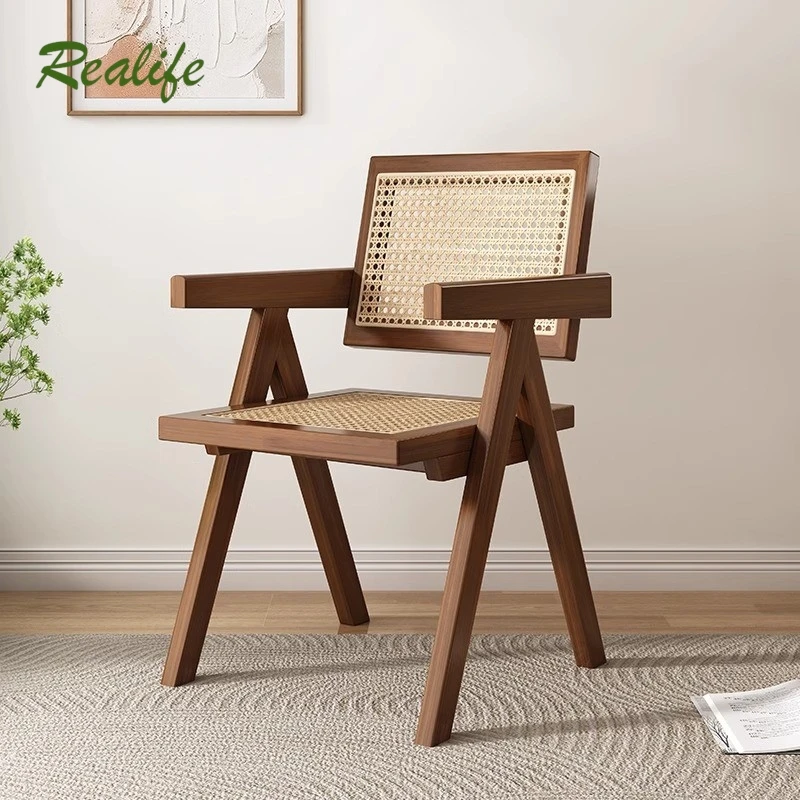 Realife Solid Wood Dining Chairs Rattan Woven Chairs Home Homestay Balconies Leisure Armrests Rattan Backrest dining chair