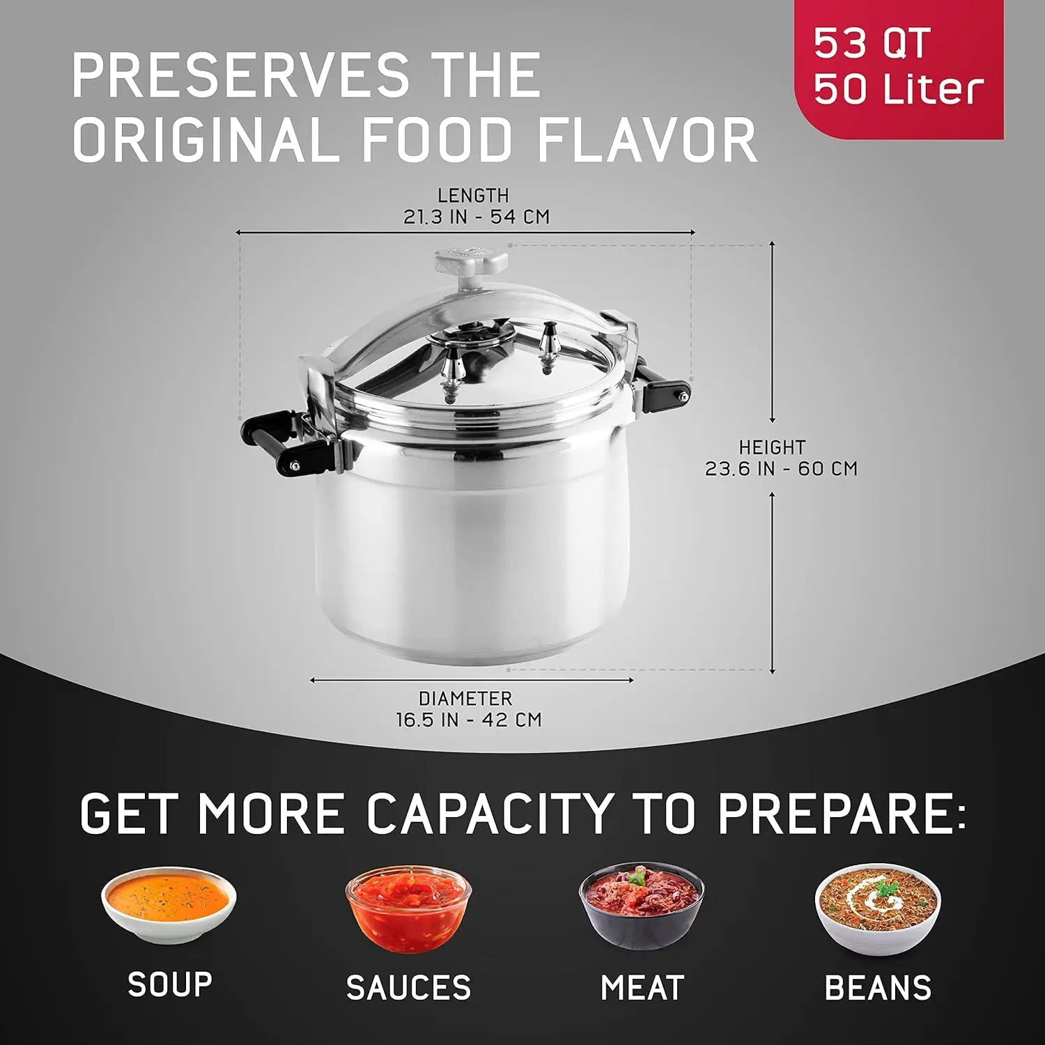 Extra Large 53 Quart / 50 Liter Professional Pressure Cooker, Heavy-Duty Aluminum Construction with Multiple Safety Systems, Com