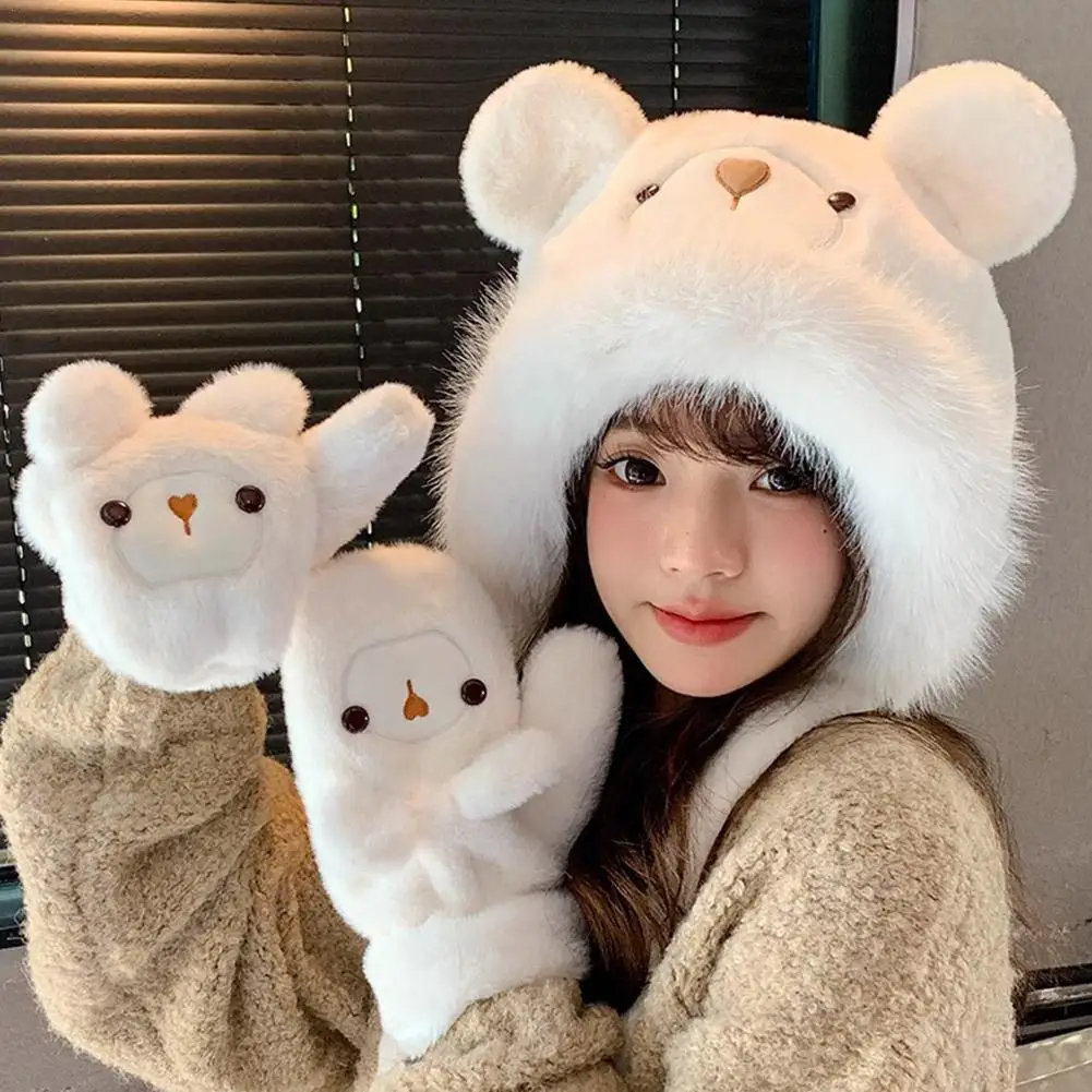 Plush Cute Bear Hat Women's Winter Gloves Fleece-lined Thick Windproof Cold-Proof Warm Beanie Hat Earmuff Headgear Cap Sets