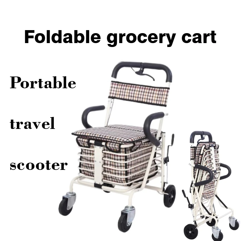 Portable elderly shopping cart folding seat can sit four wheels walking trolley pull Max load 100kg wheel chair walking stick