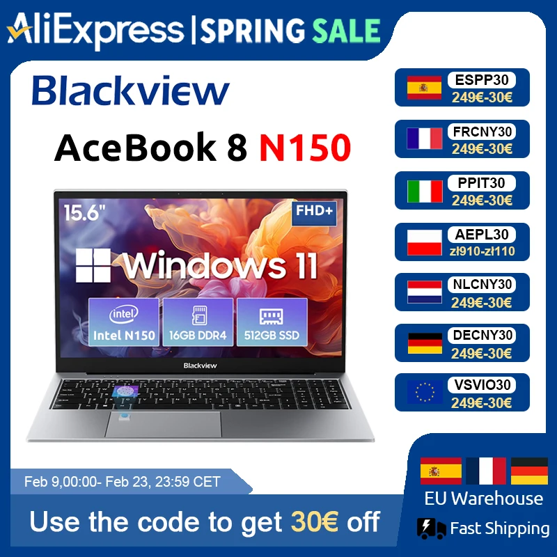 Blackview AceBook 8 Ordinateur portable 15,6" processeur Intel N150 16 Go de RAM 512 Go SSD + extension jusqu'à 1 To Windows 11 Home 15,6"