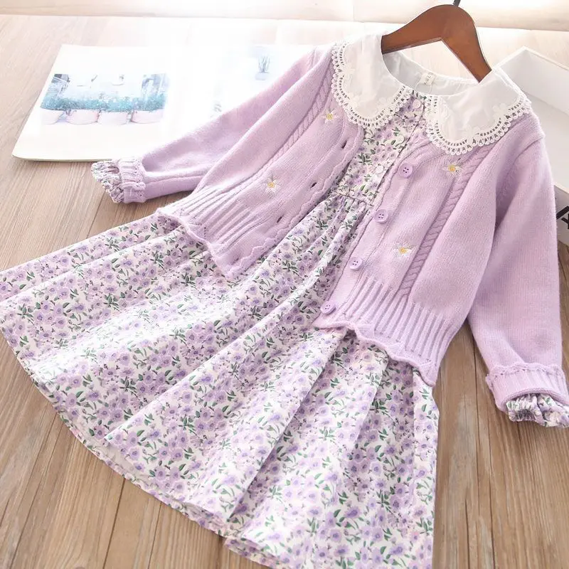 

Spring Autumn Children's Dress Set New Teenage Girl Princess Dress + Cardigan Sweater Jacket Girl Baby Long Sleeve Dresses Set