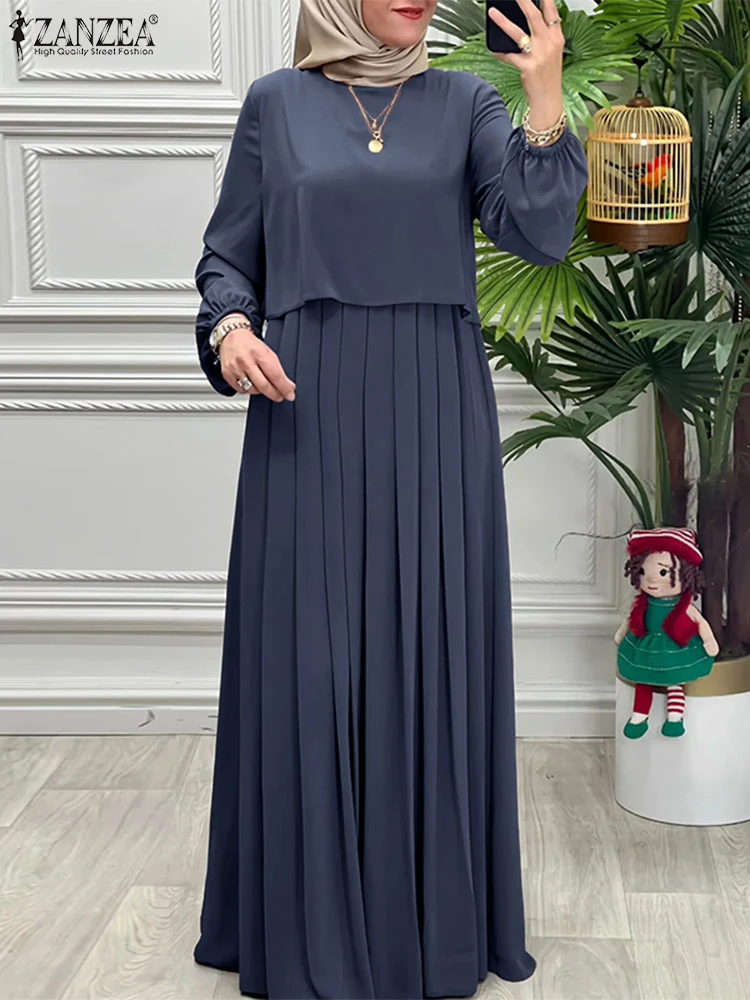 ZANZEA Women 2025 Autumn Dresses Muslim Abaya Robe Femme Fashion Long Sleeve Solid Pleated Dress Loose Kaftan IsIamic Clothing - Image 5