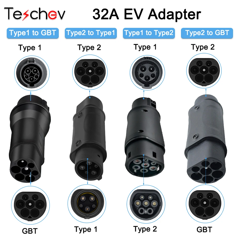 Ev Charger Adapter Teschev 32A Type1 to Type2 EV Charger Adaptor Type2 to GBT Electric Vehicle Connector Type1 Conventor GBT EVSE