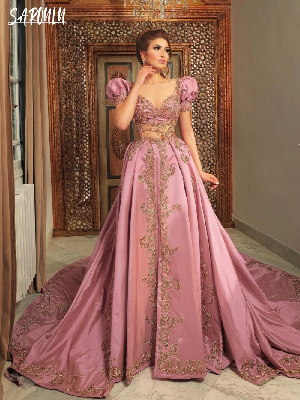 2024 Pink A-line Evening Dresses Luxury Party Kaftan Appliques Dress Vintage Beading Plus Size Gown Vestidos De Gala