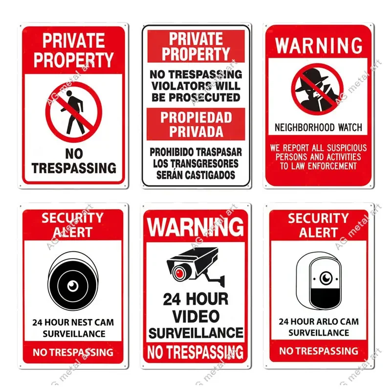 

No Trespassing No Entry Private Property Warning Signs Public Garage Workshop Wall Plaques Decor Vintage Metal Plate Tin Sign