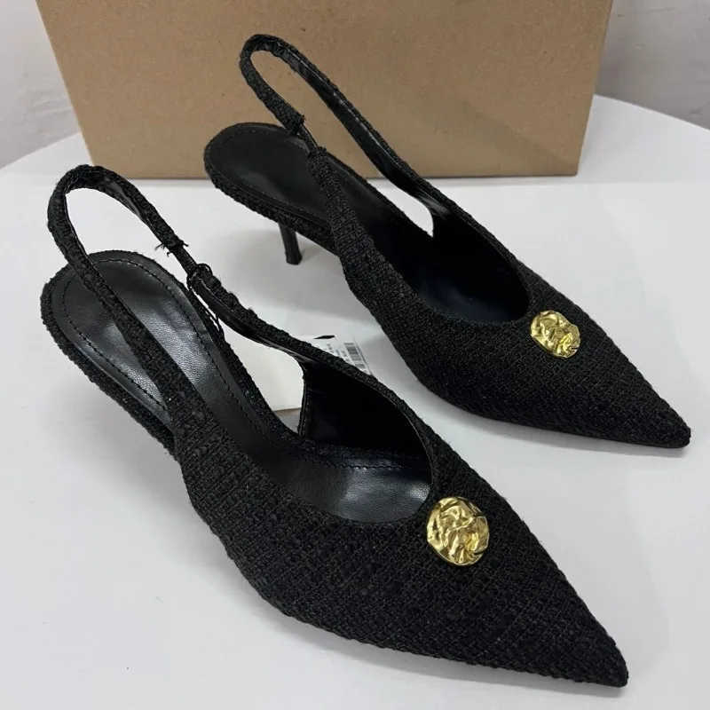 Ankle Wrap Women High Heeled Sandals Metal Buckle Decoration Stilettos Luxury Designer Dress Slingbacks Shoes for Lady
