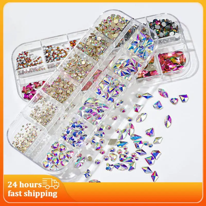 12Gird Box Multi Size Ab/Strass Hotfix Colorati Flatback Crystal Gems 3D Glitter Nail Art Decorazioni Di Lusso * &
