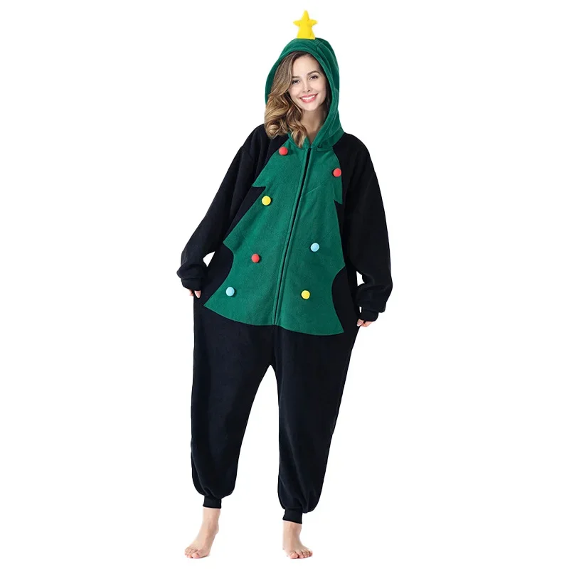

Unisex Loungewear Warm Polar Fleece Hooded Cartoon One-piece Pajamas Cosplay Christmas Tree Zipper Costume Stage Performance
