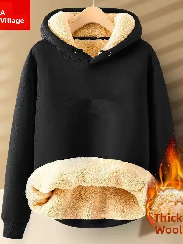 Thiened Lamb Velvet Hoodie Men's Overhead Pure Color Student Warm Top Fce Lined Base irt Trendy Winter Casual Wear