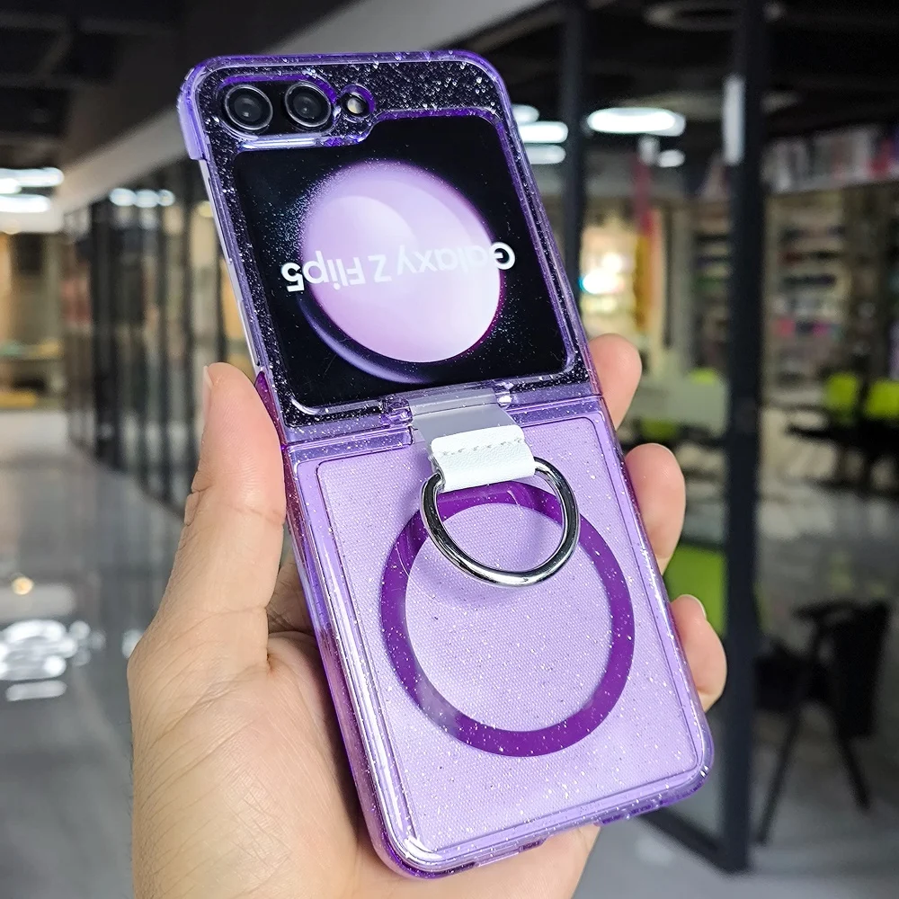 Glitter Transparent Magnetic Ring Phone Case with Wireless Charging & Shockproof Protection